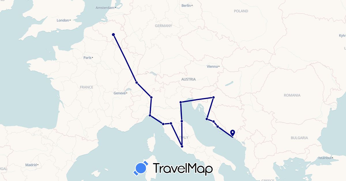 TravelMap itinerary: driving in Belgium, Switzerland, Croatia, Italy, San Marino (Europe)